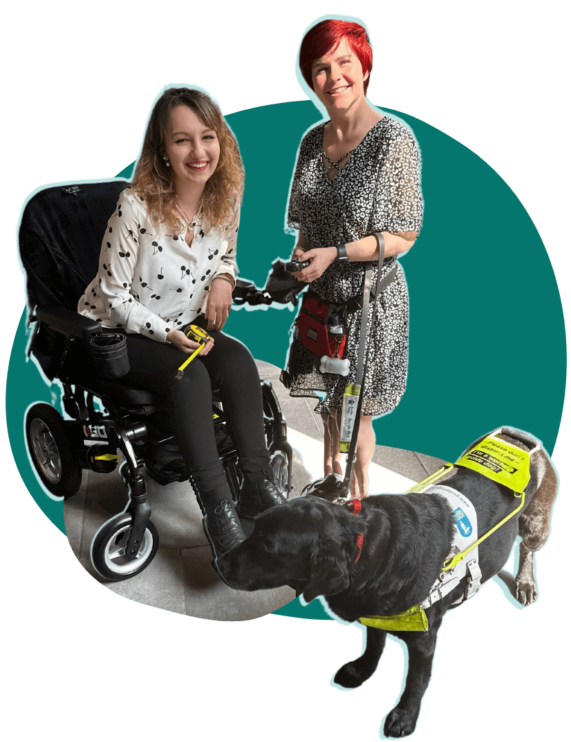 Patchwork Hub's founder in her powerchair and a colleague with a guide dog smiling together on site for a consultancy project. 